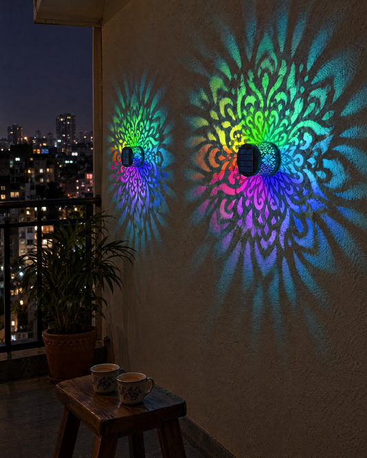 Two Noor lights on a balcony wall throwing teal mandala patterns